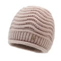 Berretto in maglia cammello chiaro con orecchie di gatto e fibbia a quadrifoglio - Taglia unica / Color Tè al Latte