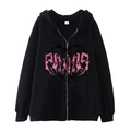 Black oversized zip-up hoodie with pink gothic spider web print, street style fashion - Black (Thorn Heart Print)