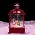 Red barn-shaped Christmas lantern with snowman figurines and sparkling glitter - Red Barn Snowman