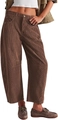 Women's dark brown corduroy wide-leg trousers with high waist and straight casual fit - S / Brown With Rivets