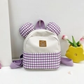 Purple plaid kids backpack with cute round ears and a smiley face leather patch - Purple