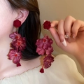 Elegant long red flower tassel earrings with layered petals and beads on model - 34# Silver Earring Post - Red