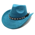 Detail of lake blue suede cowboy hat with black braided leather band and metal buckle - M (56-58cm) / Lake Blue
