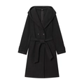 Women's black hooded coat with double-breasted buttons and matching waist belt - XS / Black