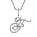 Macro view of silver-toned hip hop rope chain with a cursive letter T pendant set with zircons - Letter F / Silver (Pendant Only)
