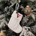White knitted Christmas stocking featuring a red embroidered letter V and a festive hat - Embroidered Knitted Small Sock White V