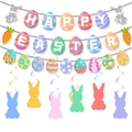 Easter decoration set featuring Happy Easter egg banner with colorful rabbits and spirals - Easter Egg Banner, Garland, and Swirls Set