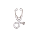 Close-up of a silver medical stethoscope brooch with white enamel detail on a white background - Silver/White