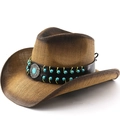 Chapeau de cowboy en paille dégradé marron avec bande en cuir turquoise et emblème - M(56-58cm) / Kaki