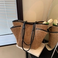 Grande borsa tote in paglia con bordo nero per vacanze estive e stile casual - Cachi