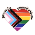 Heart-shaped Pride enamel pin featuring Progress Pride flag colors and inclusive text - XZ7147-Progress Flag Heart