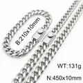 Hip hop 10mm stainless steel Miami Cuban link chain necklace and bracelet jewelry set for men - Style C (10mm) / Bracelet 21cm + Necklace 45cm / Steel