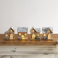 Set di 4 casette natalizie in legno con luci LED calde e tetti innevati per decoro - Set di 4 Piccole Case in Legno con Tetto Innevato