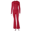 Detail view of red zip-up hoodie and high-waisted flare trousers two-piece sport set - XS / Red