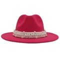 Detailed view of the rose red fedora hat featuring multi-layered faux pearl band trim - Rose Red (Large Pearl)