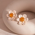Pink enamel flower stud earrings with orange crystal centers and gold plated finish - Gold White Flower