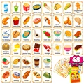 48 Hand-drawn food flashcards for kids with English names and a green storage ring - Food Cognition 48 Sheets