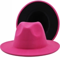 Two-tone wool felt fedora hat in rose red and black with a wide brim for men and women - M(56-58cm) / Fuchsia Outer Black Inner