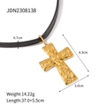 Gold stainless steel cross pendant with relief pattern on black leather choker necklace - Jdn2308138