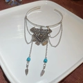 Bohemian zilveren meerlaagse armband met gravures en blauwe kralen - Zilver Blauwgroen Kralen Ethische Stijl