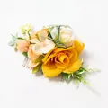 Bohemian hair comb with bright yellow rose, orange tea bud and green leaves on silver base - FS01-2 Yellow