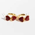 Vintage gold heart earrings with deep red enamel glaze and textured finish - Burgundy