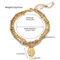 Detailed view of bohemian double-layer gold titanium bracelet with size measurements - Gold/Vintage Embossed Charm/Flat Chain