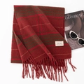 Winter red and green plaid scarf with tassels and aesthetic brand label on white background - Christmas Plaid