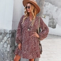 Women's burgundy V-neck leopard print long sleeve loose dress for casual vacation wear - S / Burgundy