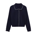 Dames gebreid vest in marineblauw met witte geschulpte randen en knoopsluiting - S / Marineblauw