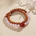 Detail shot of double-layered beaded bracelet with pink crystal and brown tiger eye stones - 28# Natural Kunzite Kuk Double Loop Bracelet (Exquisite Gift Box)