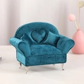 Blue heart-shaped velvet sofa jewelry box with silver legs and two mini pillows - Heart Sofa / Blue