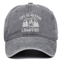 Detail of campfire embroidery and Life is Better quote on dark gray cotton baseball cap - Gray