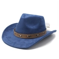 Detailed view of blue faux suede cowboy hat with leopard print band and wide brim - M (56-59cm) / Navy Blue Suede