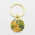Artistic round glass keychain featuring Van Gogh Sunflowers with a golden ring - Gold-Sunflowers H