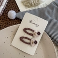 Pair of Korean style coffee brown polka dot hair clips with beige plush flower accent - Beaded Clover Heart Hair Clip