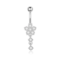 Silver flower belly ring set with white cubic zirconia petals and dangling gems - Silver Plum Blossom