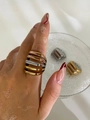 Detailed close-up of a multi-layer cutout stainless steel ring in tricolor metallic finish - Three-color Gradient / No. 9