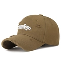 Distressed khaki cotton baseball cap featuring white Amigo embroidery and vintage holes - Light Coffee