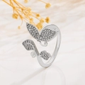 Macro shot of silver butterfly ring with cubic zirconia stones and leaf details - Silver Butterfly Leaf Style (8271)