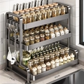 3-tier black metal kitchen spice rack with tiered storage and side hooks, 45cm width - 3-Layer Gun Grey 45CM (Main Rack) + 4 Hooks