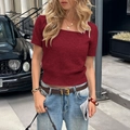 Elegant wine red knit short sleeve sweater with a square neck and ribbed waist - S / Burgundy