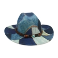 Western patchwork denim jazz hat with brown leather band and turquoise stone detail - One Size / Royal Blue (Denim Wood Beads Blue Stone)