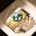 Poedagar men's chronograph watch with green dial and gold stainless steel band - Gold Case Green Dial