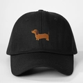 Detail of embroidered dachshund dog on black cotton twill six-panel baseball cap - Adjustable / Black