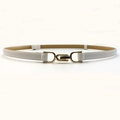 Close-up of a white thin leather belt featuring a polished gold interlocking buckle - White With Insertion Buckle