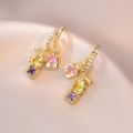 Golden earrings with heart pink, yellow and purple gemstones and micro-set zircons - Tri-Color Gemstone Long Drop (E0143) / Gold / Multicolor