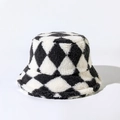 Close-up of thick plush lamb wool fabric with black and white diamond pattern on bucket hat - M (56-58cm) / Gray