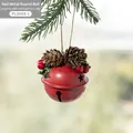 Campanella di Natale rossa in metallo con pigne, bacche rosse e corda rustica - Campana Singola Rossa