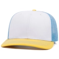 Detail of multi-color mesh trucker hat showing high-quality stitching and breathable texture - Adjustable / White Blue Yellow